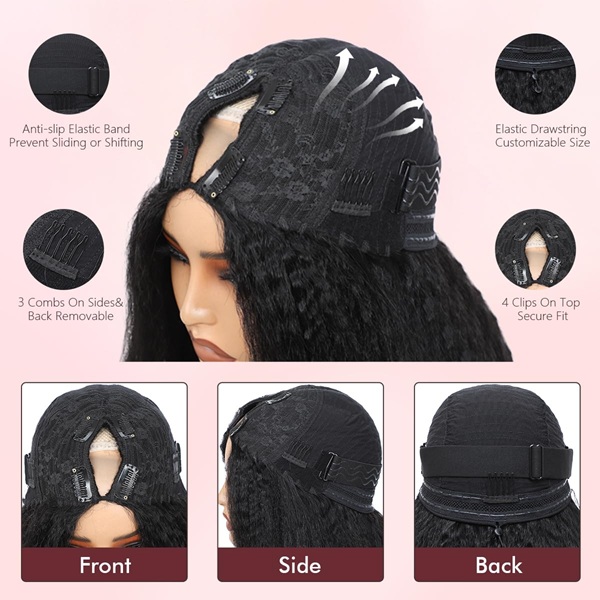 Glueless V Part U Part Wig 24" – 200% Density Kinky Straight Human Hair Half Wig with Drawstring, No Sew In No Leave Out