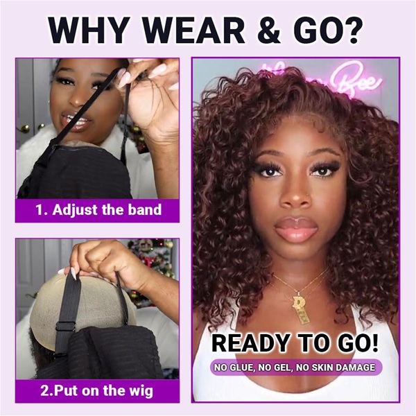 ISWEET Chocolate Brown 16 Inch Glueless Wear & Go Wig – 5x5 Lace Closure, Pre-Plucked & Pre-Cut Deep Wave Curly Bob Human Hair Wig for Black Women, 200% Density