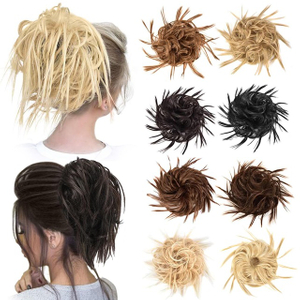 Tousled Messy Bun Hair Piece - Synthetic Wavy Ponytail Chignon Extension with Elastic Band, Natural Blonde Mix Bleach Blonde Updo Hairpiece for Women