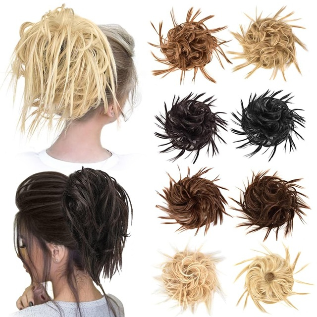 Tousled Messy Bun Hair Piece - Synthetic Wavy Ponytail Chignon Extension with Elastic Band, Natural Blonde Mix Bleach Blonde Updo Hairpiece for Women
