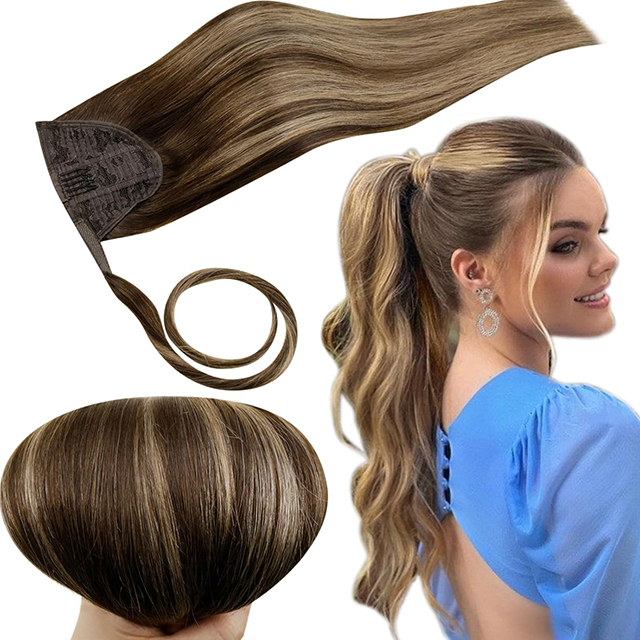 ISWEET Brazilian Virgin Curly Clip ins Human Hair Ponytail Extension 18 Inch 80g - Medium Brown with Honey Blonde Highlights - Human Hair Wrap Around Ponytail Hair Extension for Women Girls