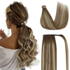 Ponytail Extension Real Human Hair for Women Clip in Ponytail Hair Extension Straight Hair Pieces Wrap Around Dark Brown Mix Medium Brown Highlights Brown Balayage 22inch 80G