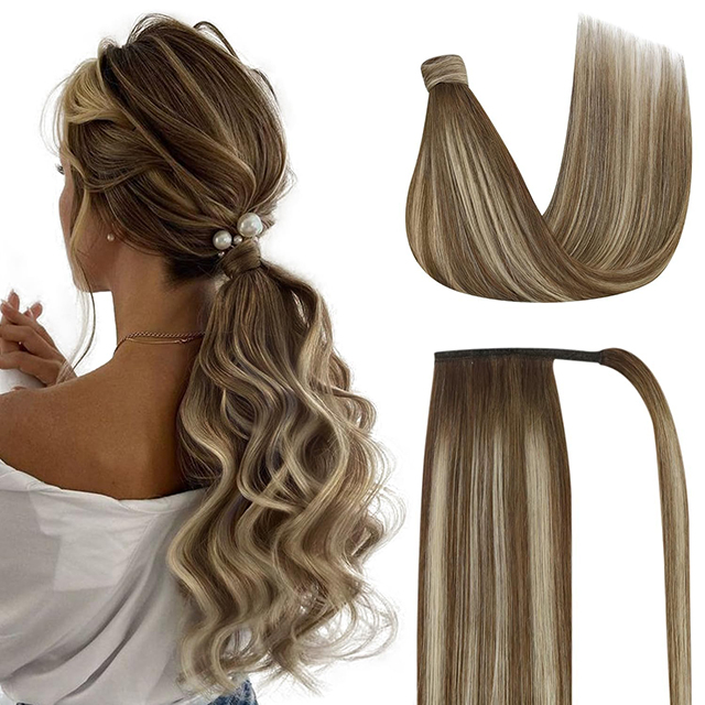 Ponytail Extension Real Human Hair for Women Clip in Ponytail Hair Extension Straight Hair Pieces Wrap Around Dark Brown Mix Medium Brown Highlights Brown Balayage 22inch 80G