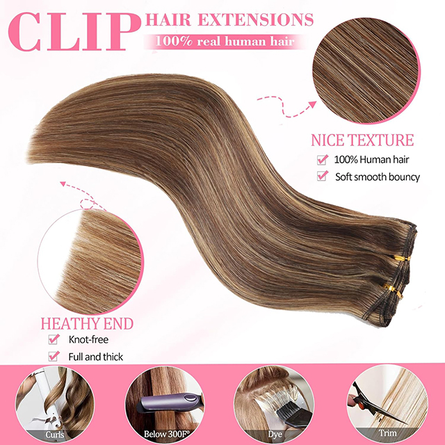 ISWEET Clip in Hair Extensions Real Human Hair #4/27-Chocolate Brown to Honey Blonde 20 Inch 105g 8pcs Invisible Straight Double Weft for Black Women Girls