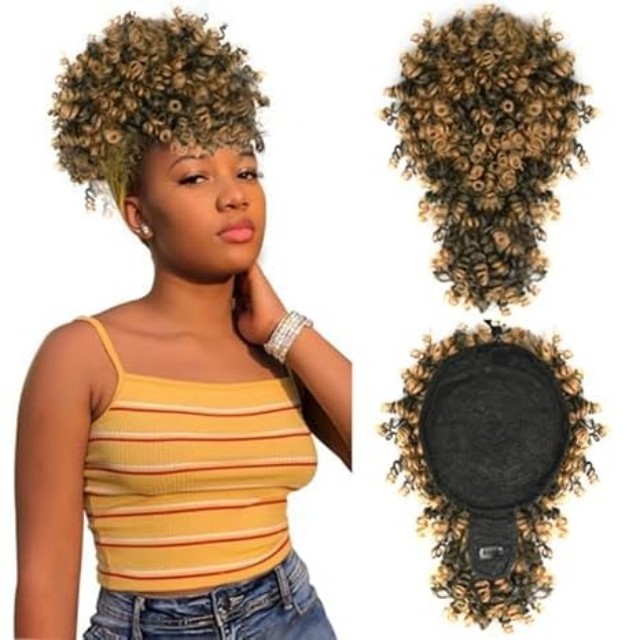 ISWEET Black Kinky Curly Afro Puff Ponytail – Drawstring Design with Bangs, Short Updo Hairpieces for Black Women (Natural Black 1B)