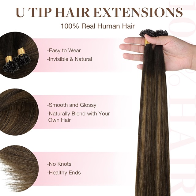 ISWEET 16-inch Remy Human Hair U Tip Extensions, 50g 50 Strands Hot Fusion Style, 2/6/2 Balayage (Dark Brown to Chestnut Brown), Invisible & Natural