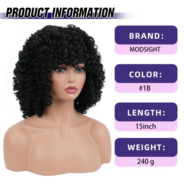 ISWEET African American Afro Kinky Curly Wig with Bangs – 1B Natural Black, Realistic Daily Wear Wig for Black Women