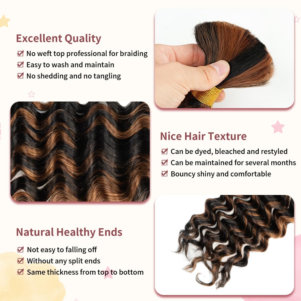 2 Bundles Human Braiding Hair for Boho Braids Deep Wave Bulk Brazilian Virgin Human Hair Natural Black Highlighted Auburn Brown #P1B/30