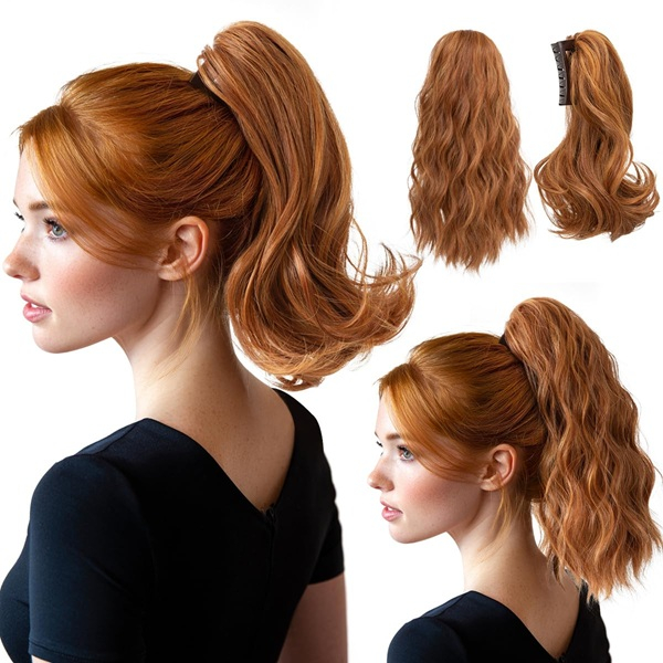 2피스 Tizian 레드 짧은 포니테일 헤어 세트 - 12 및 14인치 물결 모양의 곱슬 합성 클로 클립 헤어피스(데일리 착용용)