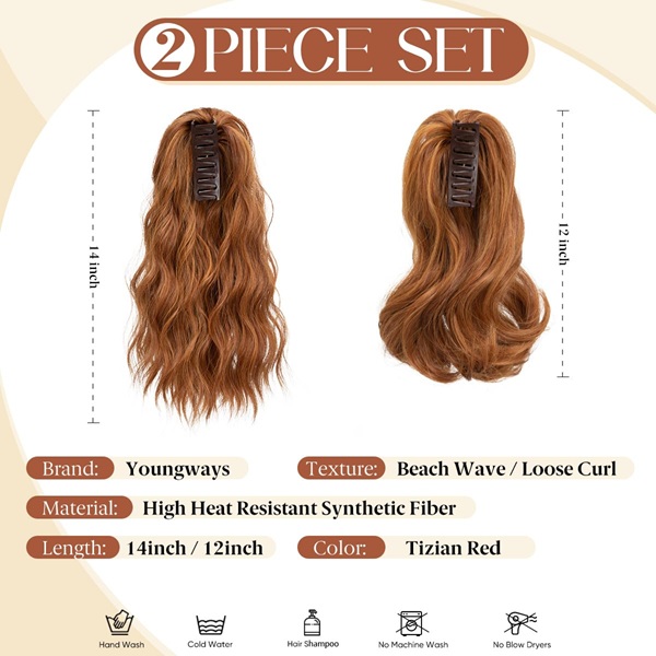 2-Piece Tizian Red Short Ponytail Hair Set – 12 & 14 Inch Wavy Curly Synthetic Claw Clip Hairpieces for Daily Wear