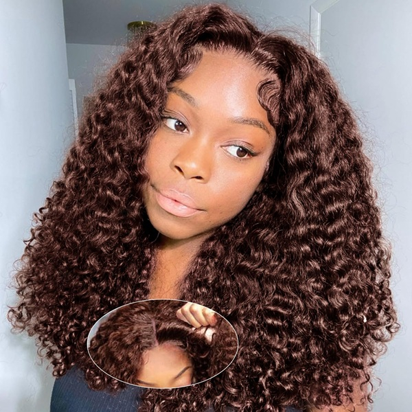 ISWEET Chocolate Brown 16 Inch Glueless Wear & Go Wig – 5x5 Lace Closure, Pre-Plucked & Pre-Cut Deep Wave Curly Bob Human Hair Wig for Black Women, 200% Density