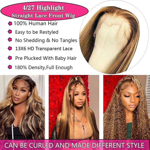 Isweet Ombre Lace Front Wig Human Hair Highlight 13x6 HD Straight Lace Front Wigs 180% Density 4/27 Colored Honey Blonde HD Lace Frontal Wigs For Women Glueless Pre Plucked with Baby Hair 30inch