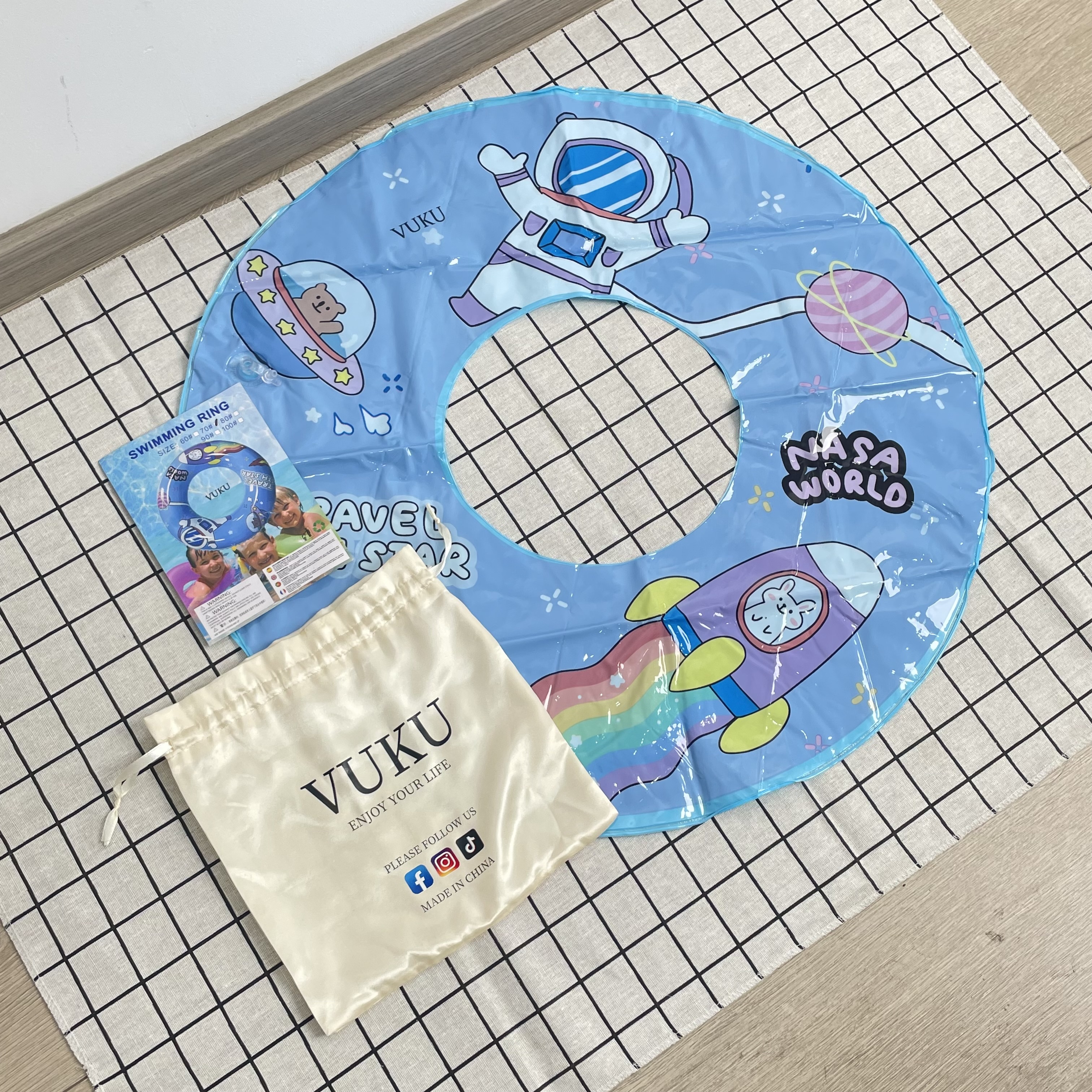 VUKU Cute Astronaut Space Print Inflatable Swim Ring for Kids, Anti-Rollover Leakproof Swimming Float Ring for Pool Beach Summer Water Party