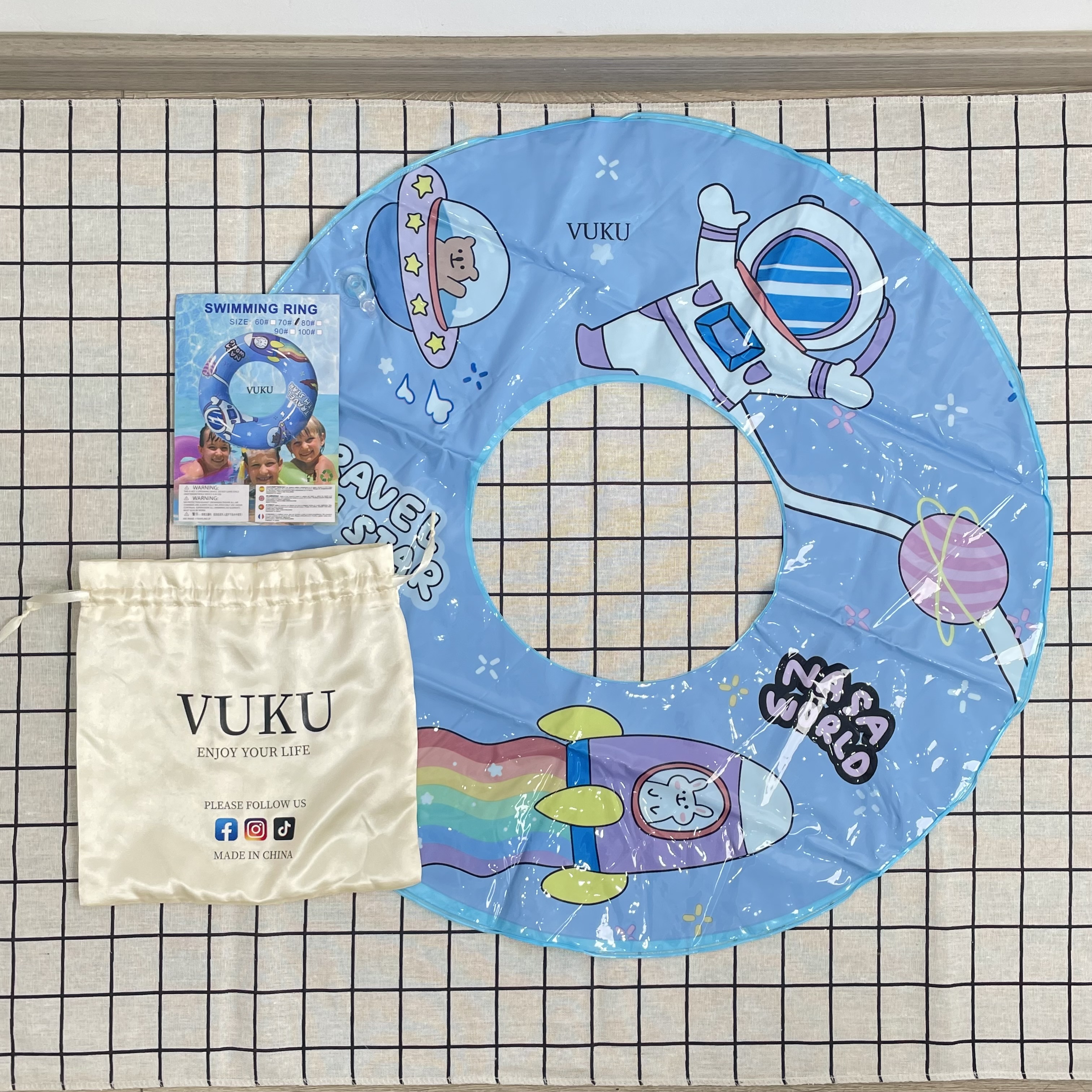 VUKU Cute Astronaut Space Print Inflatable Swim Ring for Kids, Anti-Rollover Leakproof Swimming Float Ring for Pool Beach Summer Water Party